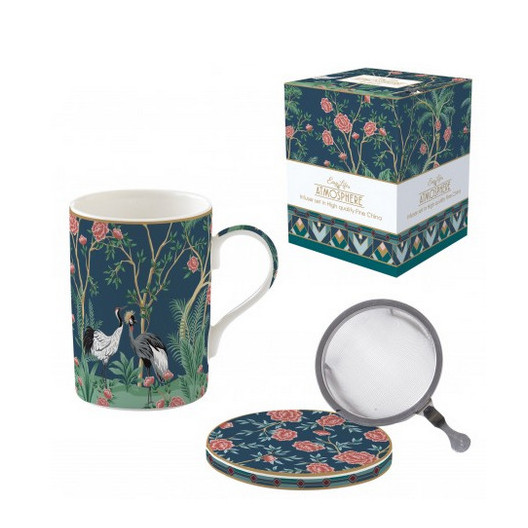 Mug Boite à Thé Grue Cendrée en Porcelaine avec Filtre Inox - 35cl